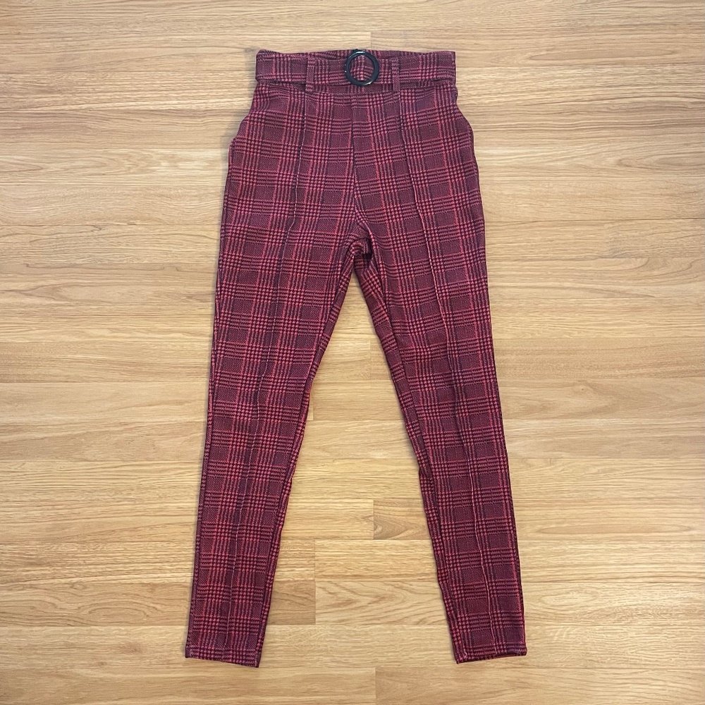 SHEIN SXY Sexy High Waist Glen Plaid Belted Pants Burgundy Size XS